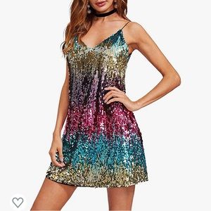 V-neck multi color sequined spaghetti strap party dress
